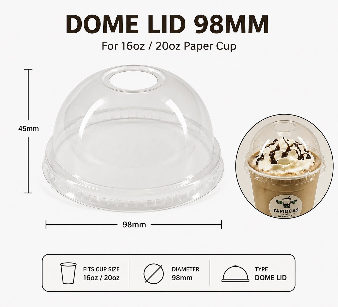 Dome Lid For 98mm Cups 100pcs